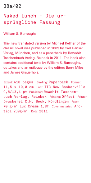 Naked Lunch - Die ursprüngliche Fassung William S. Burroughs This new translated version by Michael Kellner of the classic novel was published in 2009 by Carl Hanser Verlag, München, and as a paperback by Rowohlt Taschenbuch Verlag, Reinbek in 2011. The b