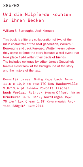 Und die Nilpferde kochten in ihren Becken William S. Burroughs, Jack Kerouac This book is a literary collaboration of two of the main characters of the beat generation, William S. Burroughs and Jack Kerouac. Written years before they came to fame the stor