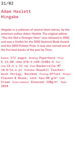 Adam Haslett Hingabe Hingabe is a collecion of several short stories  by the american author Adam Haslett. The original edition “You Are Not a Stranger Here” was released in 2002 and was a finalist for the 2002 National Book Award and the 2003 Pulitzer Pr