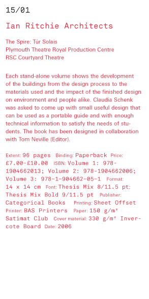 Ian Ritchie Architects The Spire: Túr Solais  Plymouth Theatre Royal Production Centre RSC Courtyard Theatre Each stand-alone volume shows the development of the buildings from the design process to the materials used and the impact of the finished design