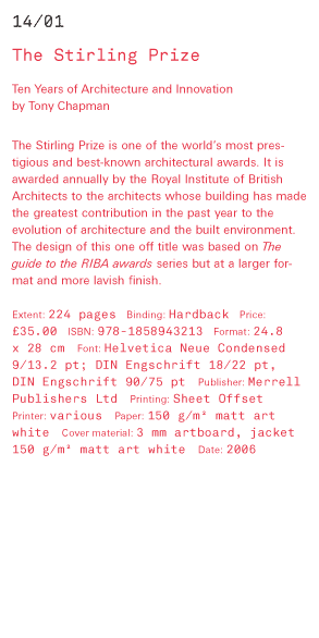 The Stirling Prize Ten Years of Architecture and Innovation by Tony Chapman  The Stirling Prize is one of the world’s most prestigious and best-known architectural awards. It is awarded annually by the Royal Institute of British Architects to the architec