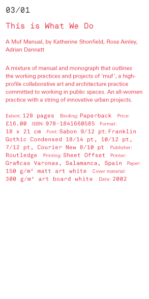 This is What We Do A Muf Manual, by Katherine Shonfield, Rosa Ainley, Adrian Dannatt A mixture of manual and monograph that outlines the working practices and projects of “muf”, a high-profile collaborative art and architecture practice committed to worki