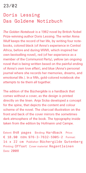 Doris Lessing - Das goldene Notizbuch ‘The Golden Notebook’ is a 1962 novel by British Nobel Prize-winning author Doris Lessing. The writer Anna Wulf keeps the record of her life, by writing four notebooks, colored black (of Anna’s experience in Central A